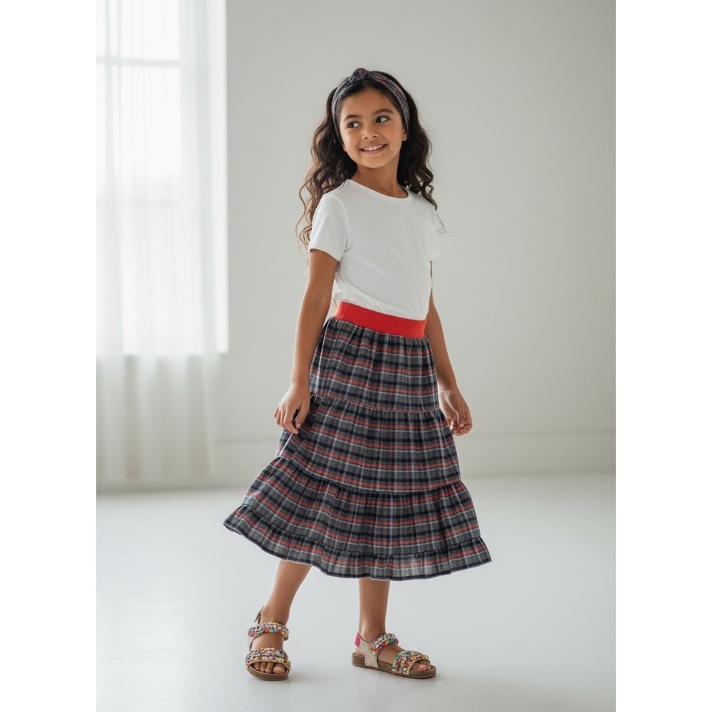 Girls Midi Mom and Pop's Kids Tiered Skirt Size 8 Gray Orange Plaid Woven Cotton